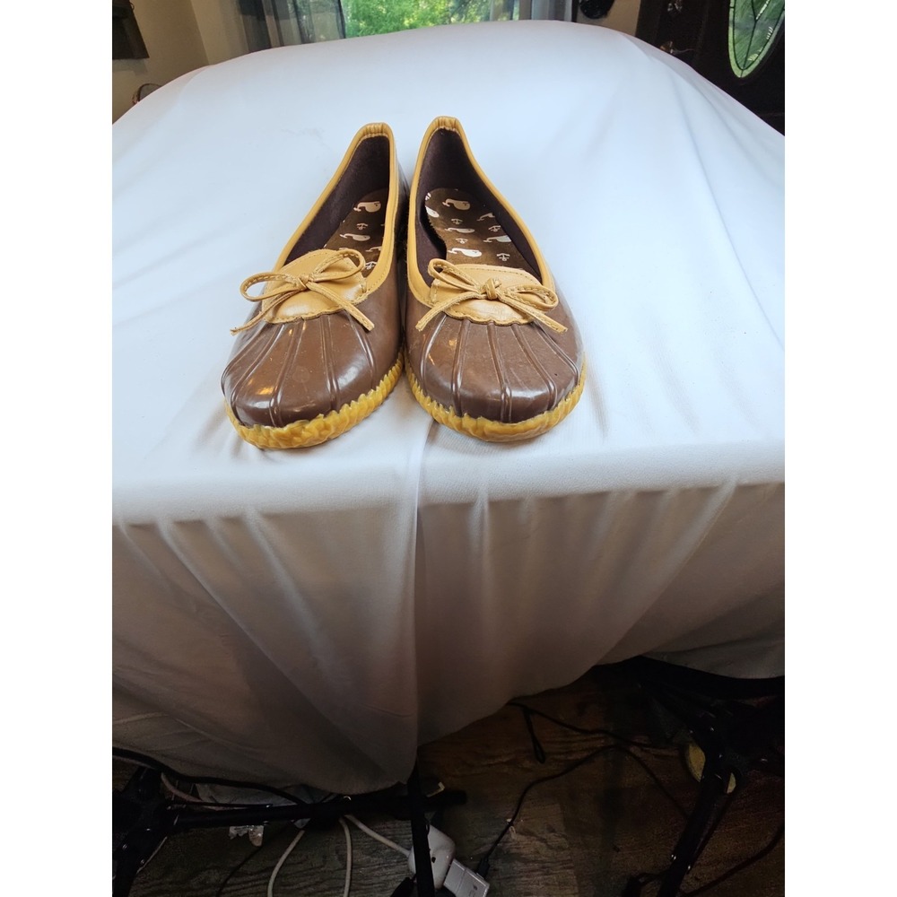 London Fog Webster Women's Duck Slip On Rubber Rain Shoes Dk. Brown/ Tan Size 11 - Picture 8 of 11